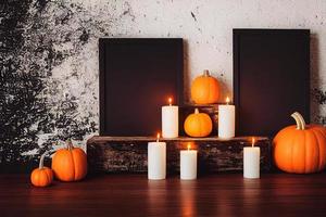 3d interpretazione di Halloween decorazione, posto titolare, copia spazio, foto telaio, ardente candele, zucche.