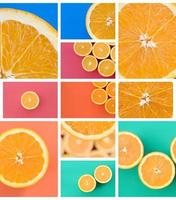 un' collage di molti immagini con succoso arance. impostato di immagini con frutta e diverso colori foto