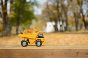 un' piccolo giocattolo giallo camion è caricato con giallo caduto le foglie. il auto sta su un' di legno superficie contro un' sfondo di un' sfocato autunno parco. pulizia e rimozione di caduto le foglie. di stagione lavori foto