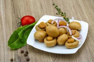 sottaceto champignon su il piatto e di legno sfondo foto