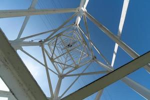 torre di trasmissione, vista dal basso. torre della linea elettrica del pilone aereo, distribuzione e trasmissione di energia elettrica su grandi distanze. foto