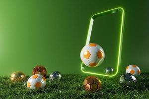 calcio palle oggetto, sport palla disegno, calcio elemento concetto, 3d illustrazione, astratto calcio tecnologia, smartphone mobile schermo, verde erba campo, in linea sport abitare, casinò sport attività commerciale foto