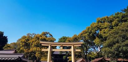 torii cancello in piedi a il Ingresso per meiji jingu santuario iat harajuku urbano foresta, tokyo. foto