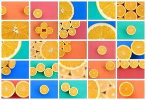 un' collage di molti immagini con succoso arance. impostato di immagini con frutta su sfondi di diverso colori foto