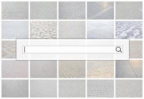 visualizzazione di il ricerca bar su il sfondo di un' collage di molti immagini con frammenti di pavimentazione piastrelle avvicinamento. impostato di immagini con marciapiede pietra foto