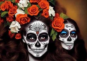 donne con trucco viso tatuaggi Halloween per il celebrazione di messicano Festival giorno di il morto dia de los foto