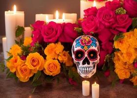 dia de los muertos messicano giorno di il morto tavolo composizione con teschio, candele, fiori foto