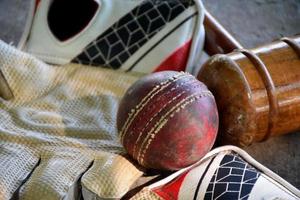 formazione cricket sport attrezzature su pavimento, pelle sfera, guanti e pipistrello, morbido e selettivo messa a fuoco su sfera. foto