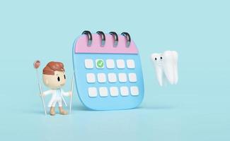 3d miniatura cartone animato personaggio dentista con dentale molare denti modello, segno di spunta icone, segnato Data isolato su rosa. Salute di bianca denti, dentale visita medica di il dentista, 3d rendere illustrazione foto