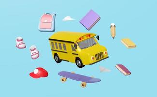 3d veicolo per trasporto alunno galleggiante isolato su blu sfondo. giallo scuola autobus cartone animato cartello icona, Accessori con skateboard, prenotare, Borsa, matita, scuola forniture, cappello, indietro per scuola 3d rendere foto