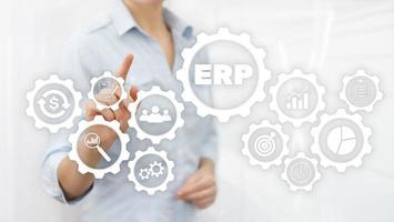 erp sistema, impresa risorsa pianificazione su sfocato sfondo. attività commerciale automazione e innovazione concetto foto