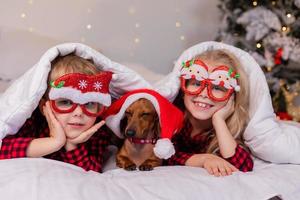 Due bambini un' ragazzo e un' ragazza siamo dire bugie nel letto con loro Amati animale domestico per Natale. alto qualità foto