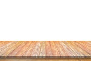vuoto di legno tavolo superiore isolato su bianca sfondo per Prodotto Schermo foto