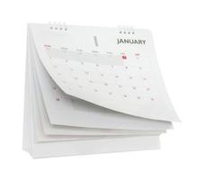 bianca carta scrivania calendario capovolgimento pagina modello isolato su bianca sfondo foto