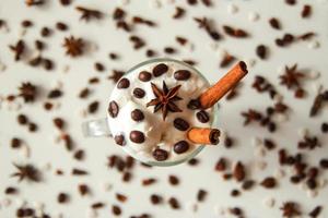 un' bicchiere di ghiaccio crema con caffè, cannella bastoni, caffè fagioli e stella di anice su il bianca sfondo. foto