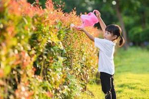 asiatico poco bambino ragazza scrosciante acqua su il alberi. ragazzo aiuta per cura per il impianti con un' irrigazione può nel il giardino. foto