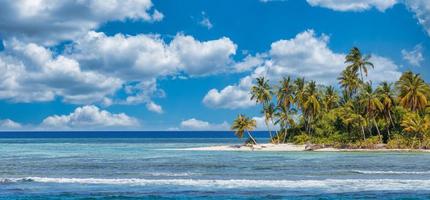 bellissimo tropicale spiaggia con bianca sabbia, palma alberi, turchese oceano contro blu cielo con nuvole su soleggiato estate giorno. Perfetto isola paesaggio sfondo per rilassante vacanza. esotico Paradiso costa foto
