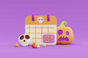 contento Halloween con calendario, jack-o-lanterna zucche, colorato caramelle su viola sfondo, tradizionale ottobre vacanza, 3d resa. foto