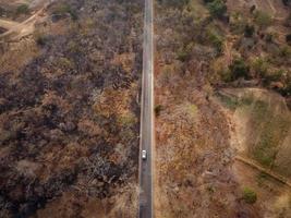 aereo Visualizza, il strada passa attraverso un' asciutto giallo-arancione foresta. alcuni parti erano distrutto di un' foresta fuoco. foto