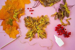 3. passo di fare un passo. farfalla fatto di naturale Materiale, autunno foglie, frutti di bosco, figli di mestiere. foto