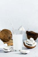Noce di cocco latte nel un' bicchiere e pezzi di tropicale frutta su il tavolo. verticale Visualizza foto