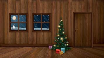 3d illustrazione log di cabina camera decorato Natale albero per nuovo anno e Natale avere Luna e nevicata a notte quando guardato attraverso finestre. foto