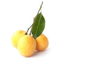 fresco marian prugna o prugna Mango con foglia tailandese persone chiamata mamma Prang isolato su bianca sfondo. foto