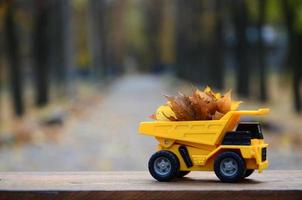 il concetto di di stagione raccolta di autunno caduto le foglie è raffigurato nel il modulo di un' giocattolo giallo camion caricato con le foglie contro il sfondo di il autunno parco foto