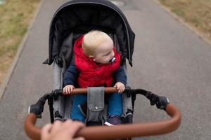 un' piccolo bambino con un' pacificatore nel un' bambino carrozza cavalcate lungo il strada foto