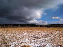 bellissimo paesaggio di il primo neve caduta su un autunno campo con asciutto erba e cielo con pioggia nuvole foto