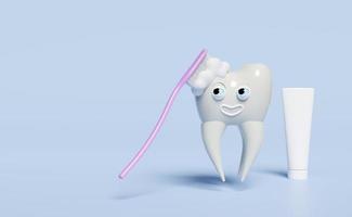 3d dentale molare denti modello icona con spazzolino, dentifricio tubo, viso, bolla isolato su blu sfondo. dentale visita medica di il dentista, Salute di bianca denti, orale cura 3d rendere illustrazione foto