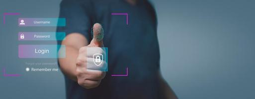 futuristico digitale in lavorazione di biometrico identificazione impronta digitale scanner. concetto di sorveglianza e sicurezza lettura di digitale programmi informatica futuristico applicazioni. foto