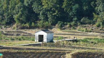 i bellissimi paesaggi di montagna con la foresta verde e il piccolo villaggio come sfondo nella campagna della Cina foto