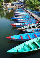 lotto di di legno blu e verde Barche a il lago stazione nel pokhara, Nepal, barche a remi foto