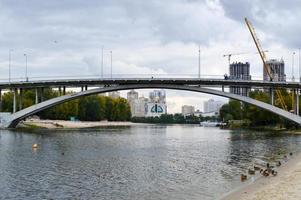 ponte al di sopra di il fiume con anatre su il costruzione sfondo foto