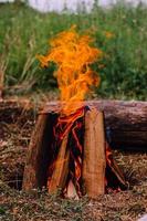 ardente fuoco di bivacco all'aperto forma capanna, avvicinamento. foto