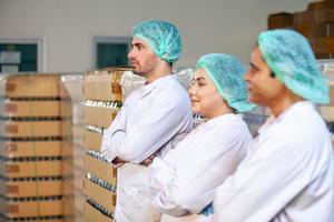 lavoratore squadra su il produzione linea nel il bevanda fabbrica. fabbricante controlli qualità di cibo industria. foto