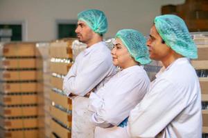 lavoratore squadra su il produzione linea nel il bevanda fabbrica. fabbricante controlli qualità di cibo industria. foto