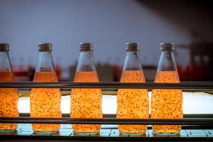 bottiglie a partire dal basilico seme bevanda fabbrica trasportatore cintura con bottiglie per succo o acqua per distribuzione nel attività commerciale. foto