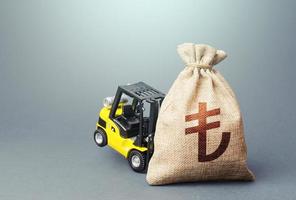 giallo carrello elevatore a forca incapace per sollevamento un' Turco lira i soldi Borsa. interesse Vota. più forte finanziario assistenza, supporto di attività commerciale e le persone. stimolante economia. elicottero i soldi, sussidi morbido prestiti. foto