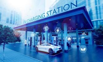 ev ricarica stazione per elettrico veicoli nel il centro città con blu energia carburante batteria ricarica stazione. carburante energia e mezzi di trasporto industria concetto. 3d illustrazione interpretazione foto