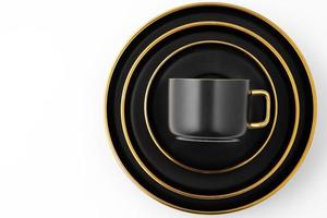 un' impostato di nero e d'oro ceramica piatti e tazza su un' bianca sfondo. superiore Visualizza foto