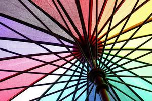 all'interno di un ombrello color arcobaleno con gocce di pioggia foto