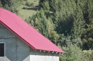 Casa con un' tetto fatto di solido metallo fogli, sagomato piace un vecchio piastrella foto