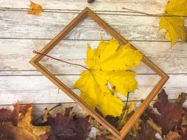 di legno rettangolare immagine telaio e giallo colorato naturale autunno foglie, acero su il sfondo di di legno tavole. il sfondo. struttura foto