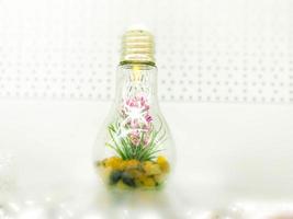 un' piccolo verde biologico pianta fiore cresce dentro un' bicchiere leggero lampadina. concetto ecologia, protezione di il pianeta foto
