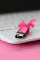 brillante rosa USB veloce memoria carta con un' rosa arco bugie su un' coperta di morbido e peloso leggero rosa vello tessuto accanto per un' bianca il computer portatile. classico femmina regalo design per un' memoria carta foto