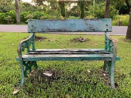 vecchio di legno sedia deteriorato condizione verde corpo nel il foresta foto