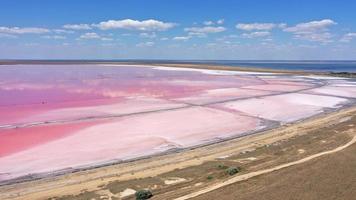 veduta aerea del sale bianco sulle rive dell'isola nell'isola rosa e nel cielo blu. lago lemuria, ucraina. il lago diventa naturalmente rosa a causa dei sali e dell'artemia dei piccoli crostacei nell'acqua foto