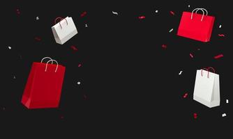 shopping borse rosso e bianca con scintillare volante nel nero studio sfondo. nero venerdì sconti. 3d resa. foto